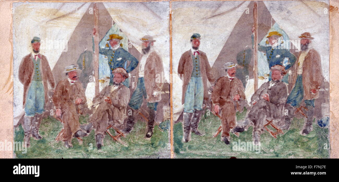 Stereograph showing a group at Secret Service headquarters at Antietam, during the American Civil War 1862 Stock Photo