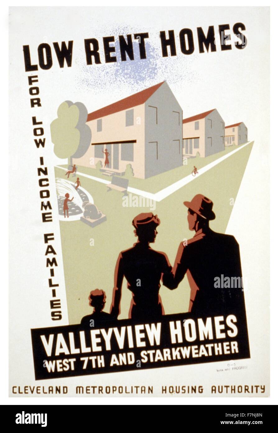 Poster for Cleveland Metropolitan Housing Authority announcing new low income housing development, showing family looking at new homes Stock Photo