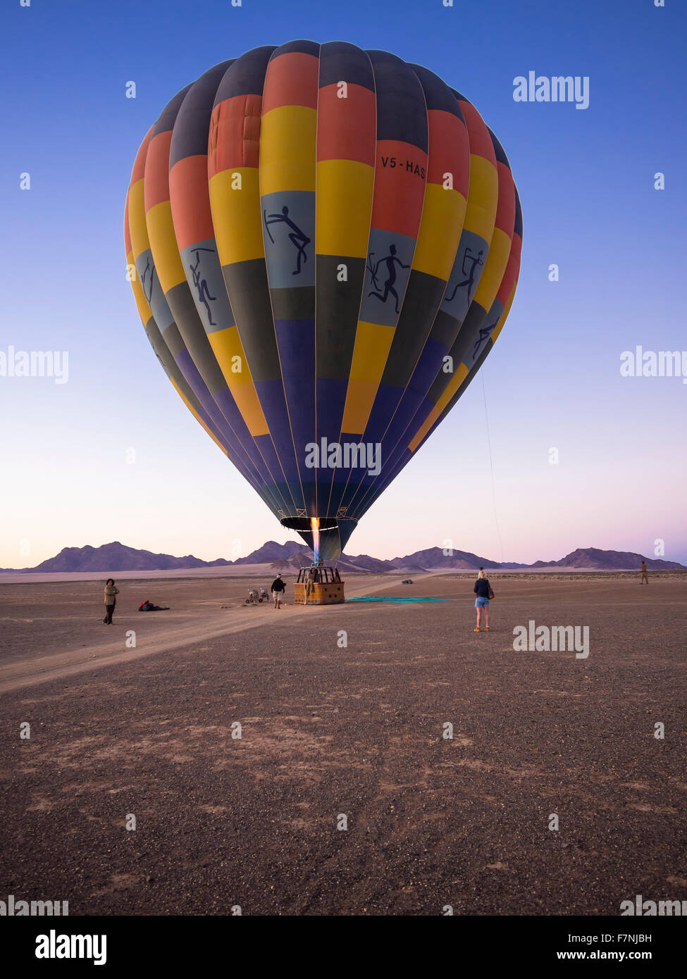 Namibia, Kuala Wilderness Reserve, People at air balloon at sunrise Stock Photo