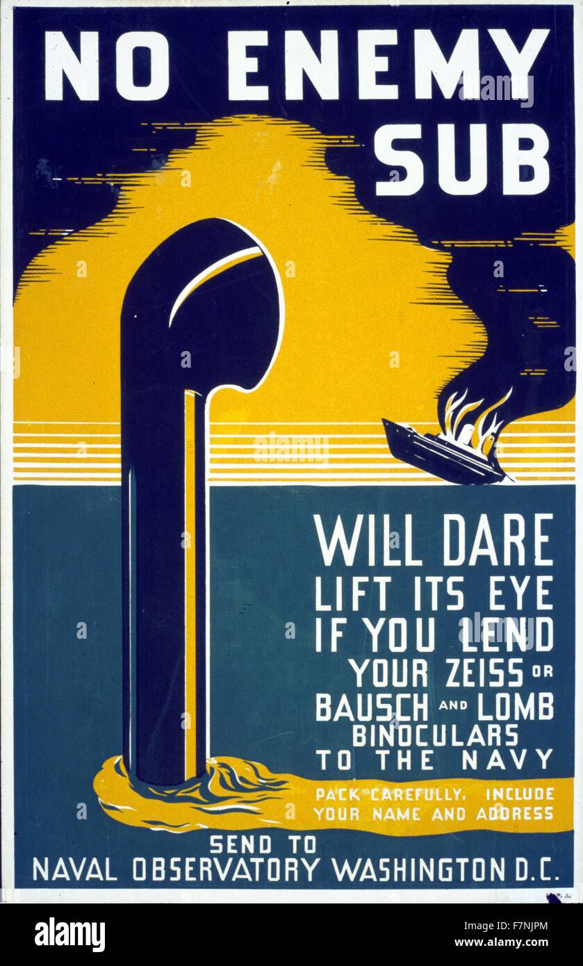 Federal Art Project Poster showing a periscope emerging from the sea, with a ship in flames and sinking in the distance. 1943 Stock Photo