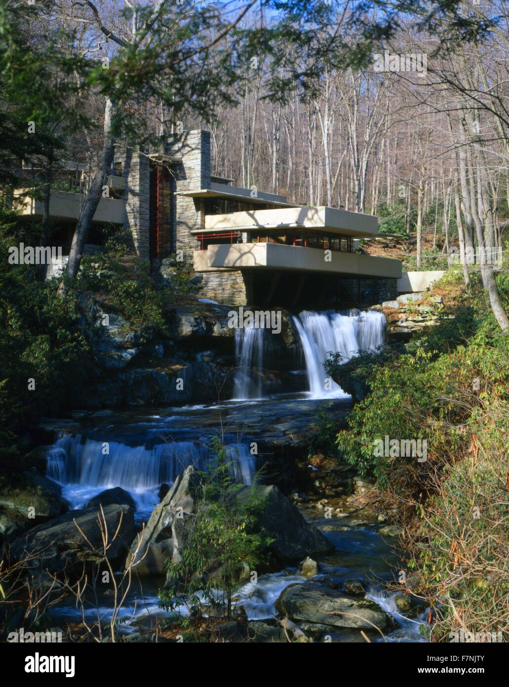 Fallingwater or Kaufmann Residence is a house designed by architect Frank Lloyd Wright in 1935 in rural southwestern Pennsylvania Stock Photo