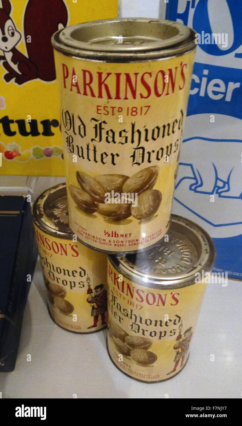 Cans of Parkinson's Old Fashioned Butter Drops. Dated 1920 Stock Photo