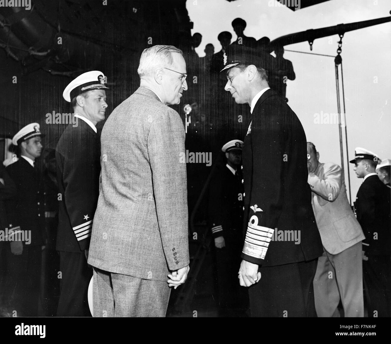 US President Harry Truman and King George VI of the United Kingdom aboard USS Augusta, Plymouth, England 1945 Stock Photo