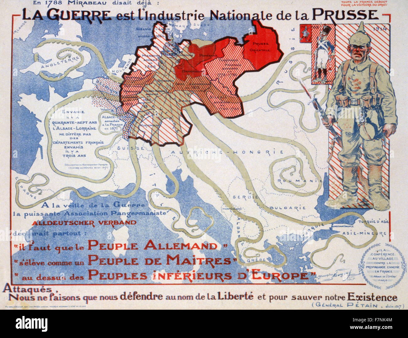 World war One French propaganda poster. Maurice Neumont, 1868-1930.Prussia depicted as an octopus whose tentacles are reaching into Europe. 'War is the national industry of Prussia. 'Attacked, we are fighting back in the name of liberty.' General Philippe Petain (1856-1951), June 1917. Stock Photo