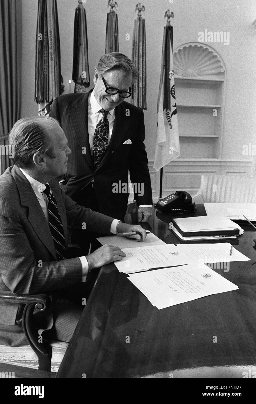 Gerald Ford and Nelson Rockefeller in the Oval office, 1974. Nelson Aldrich Rockefeller (July 8, 1908 – January 26, 1979) was an American businessman, philanthropist, public servant, and politician. He served as the 41st Vice President of the United States (1974–1977) under President Gerald Ford, Stock Photo