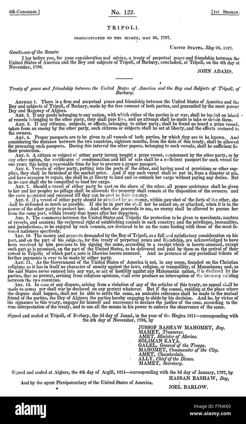 The Treaty of Tripoli (between the United States of America and the Bey of Tripoli) was the first treaty concluded between the United States and Tripolitania, signed at Tripoli on November 4, 1796, and at Algiers (for a third-party witness) on January 3, 1797. Stock Photo