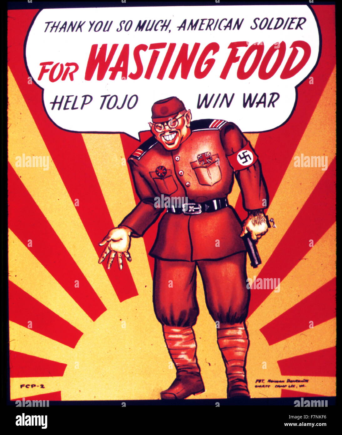 World War two American anti-Japanese, propaganda poster. 'THANK YOU SO MUCH AMERICAN SOLDIER FOR WASTING FOOD - HELP TOJO WIN WAR' Stock Photo
