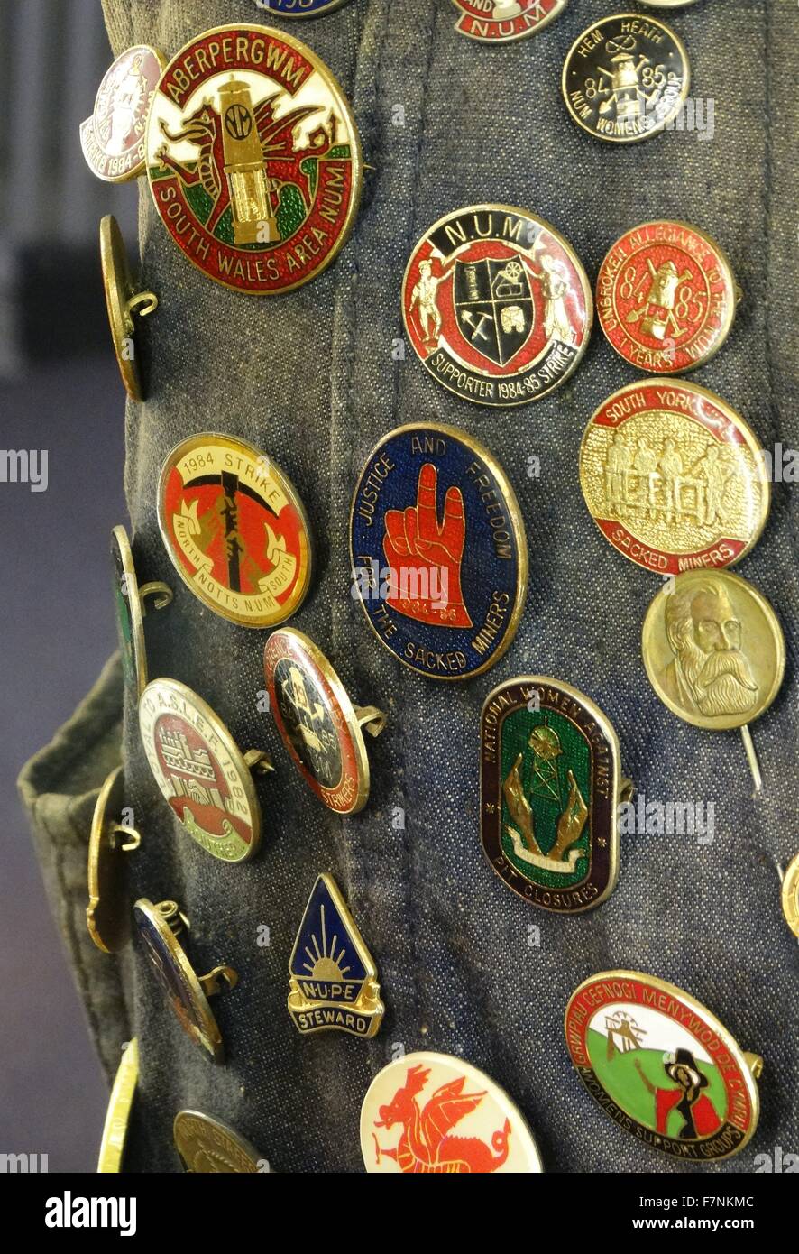 Badges of support for the British Miners strike of 1984-1985. At the end of the strike the National Union of Miners was left weakened and mining communities divided between supporters and opponents of the industrial action 1985 Stock Photo