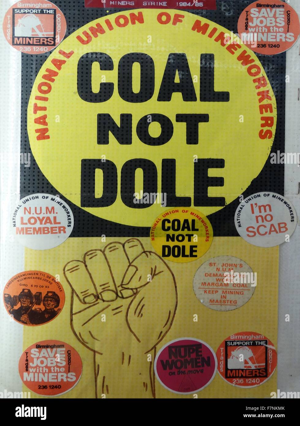 adhessive labels and badges of support for the British Miners strike of 1984-1985. At the end of the strike the National Union of Miners was left weakened and mining communities divided between supporters and opponents of the industrial action 1985 Stock Photo