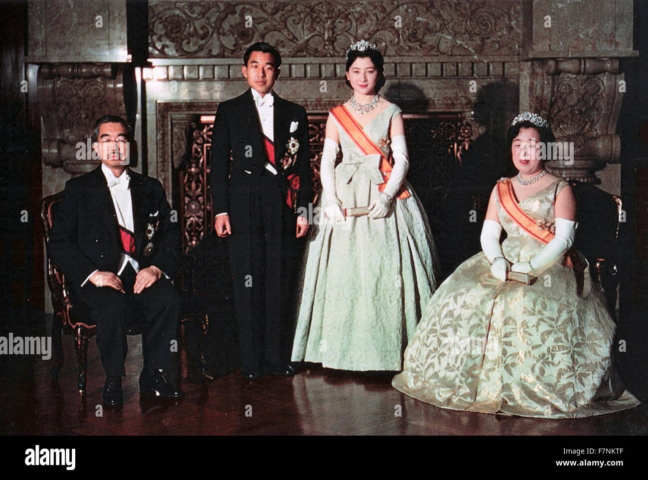 wedding of Crown Prince Akihito and Princess Michiko 1960. Emperor Hirohito and Empress Nagako are shown with Crown prince Akihito of Japan Stock Photo