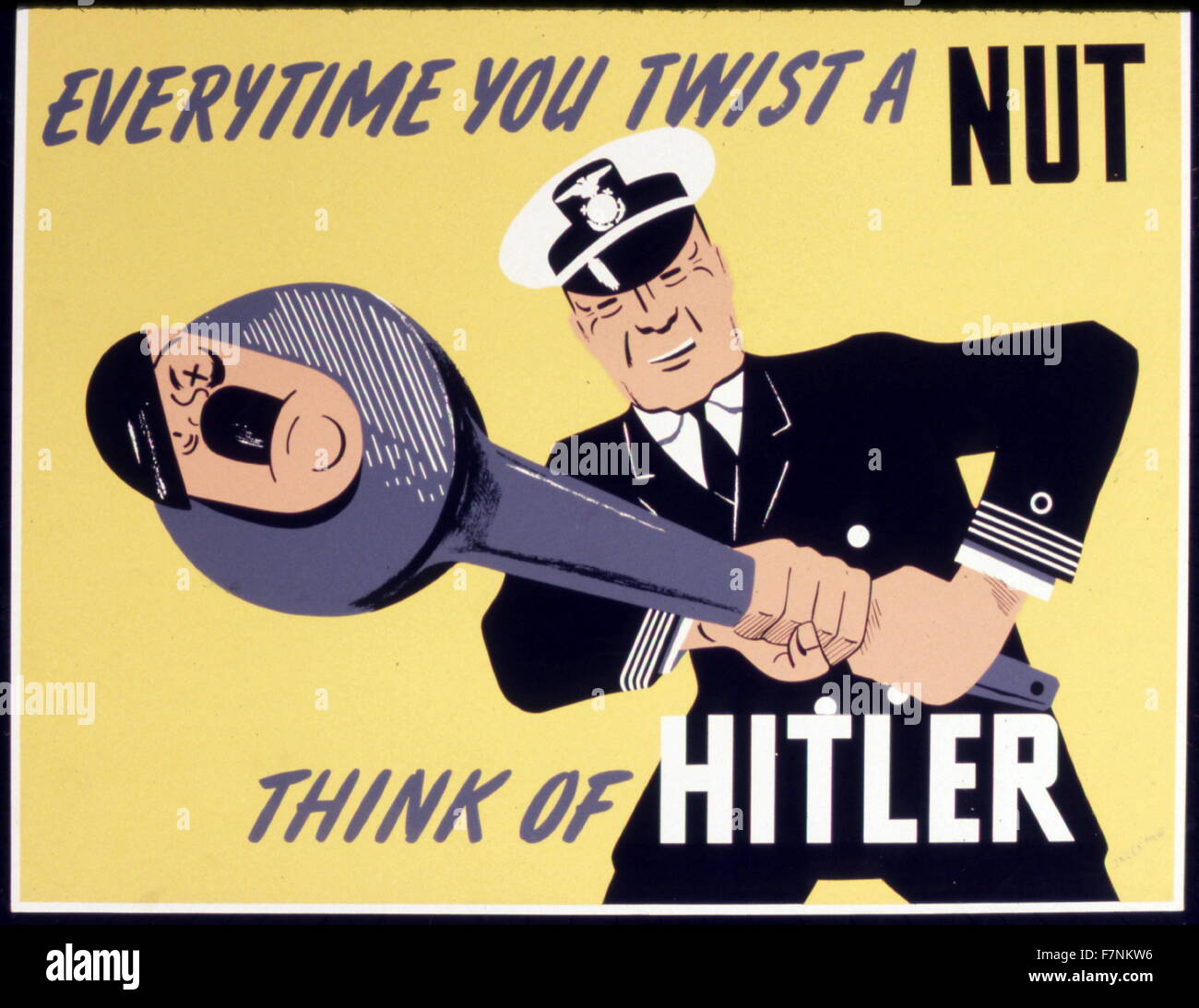 1943 World War II, American propaganda poster: navy officer twisting Hitler's head with a wrench Stock Photo