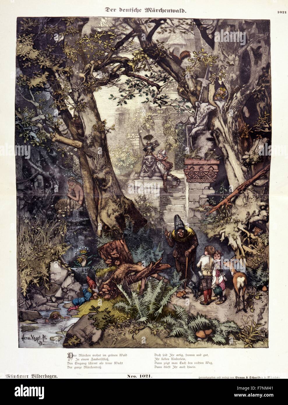 Illustration shows characters from German fairy tales, including Hansel and Gretel, Snow White and the Seven Dwarfs, and Puss in Boots, in a forest. By Hermann Vogel. Stock Photo