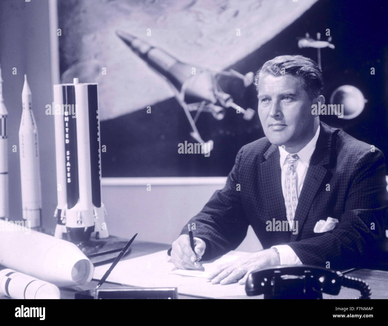 Werner von Braun (1912 – 1977) German (later American) aerospace engineer credited with inventing the V-2 Rocket and the Saturn-V, for Nazi Germany and the United States, respectively. leading figure in the development of rocket technology in WWII, Germany and the United States. considered by NASA to be the 'Father of Rocket Science'. Stock Photo