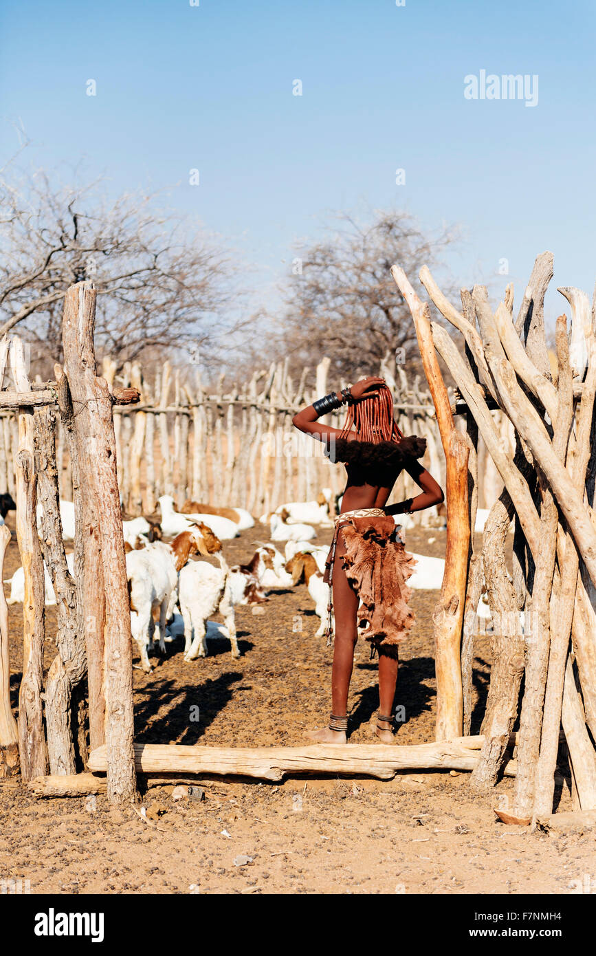 Namibia, Damaraland, back view of young woman taking care of the goats in a Himba village Stock Photo