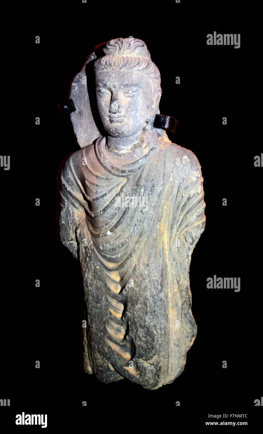 Schist standing Buddha from Gandhara, Pakistan. Dated 2nd Century Stock Photo