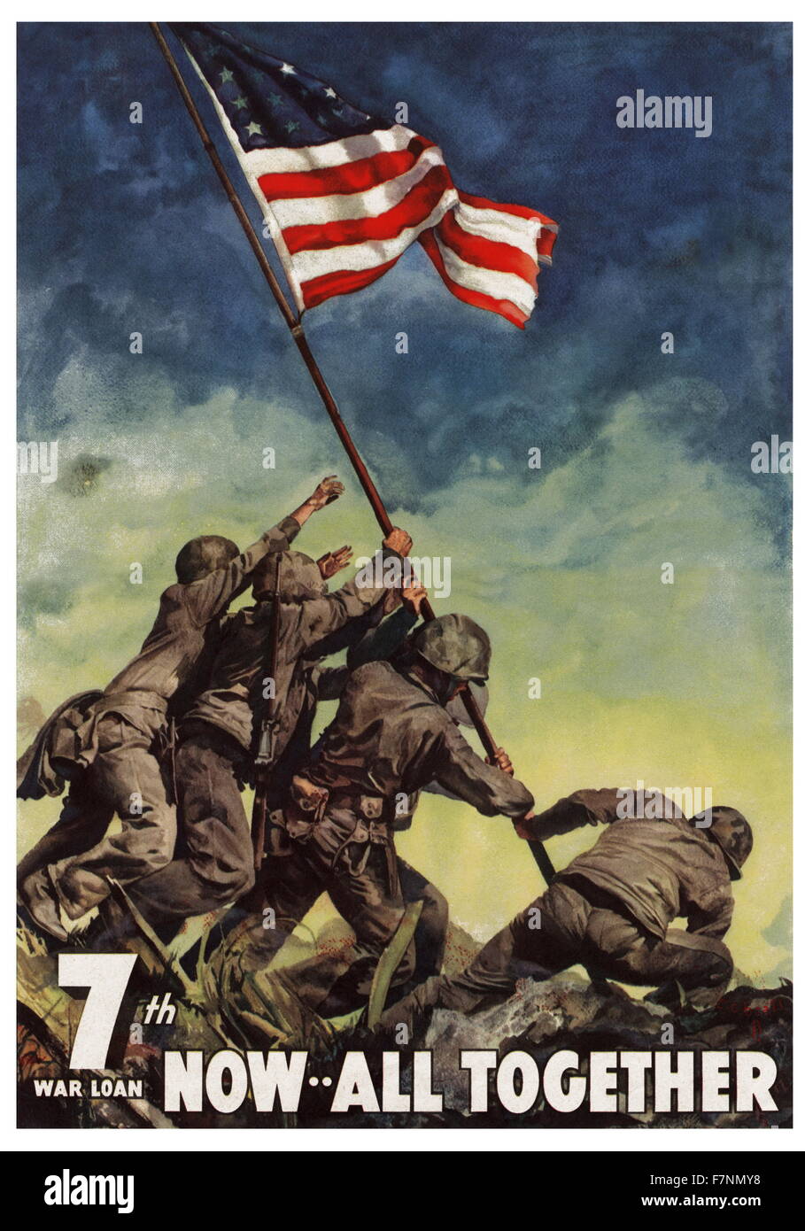 American WWII propaganda poster for the 7th War Loan. Shows Marines hoisting an American flag in Iwo Jima. Stock Photo
