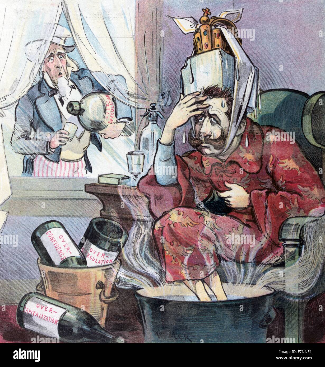 Germany's Katzenjammer. Illustration shows William II, German Emperor, suffering from over-indulgence, sitting in a chair with a block of ice on his head with his crown on top and his feet in a tub of hot water, in a bucket in the foreground are two empty bottles labeled Over-Speculation and Over-Confidence, on the floor is another empty bottle labeled Over-Capitalization. Uncle Sam is standing outside a window with a dismayed look on his face and about to fill a cup from a huge bottle labeled Over-Speculation. Stock Photo