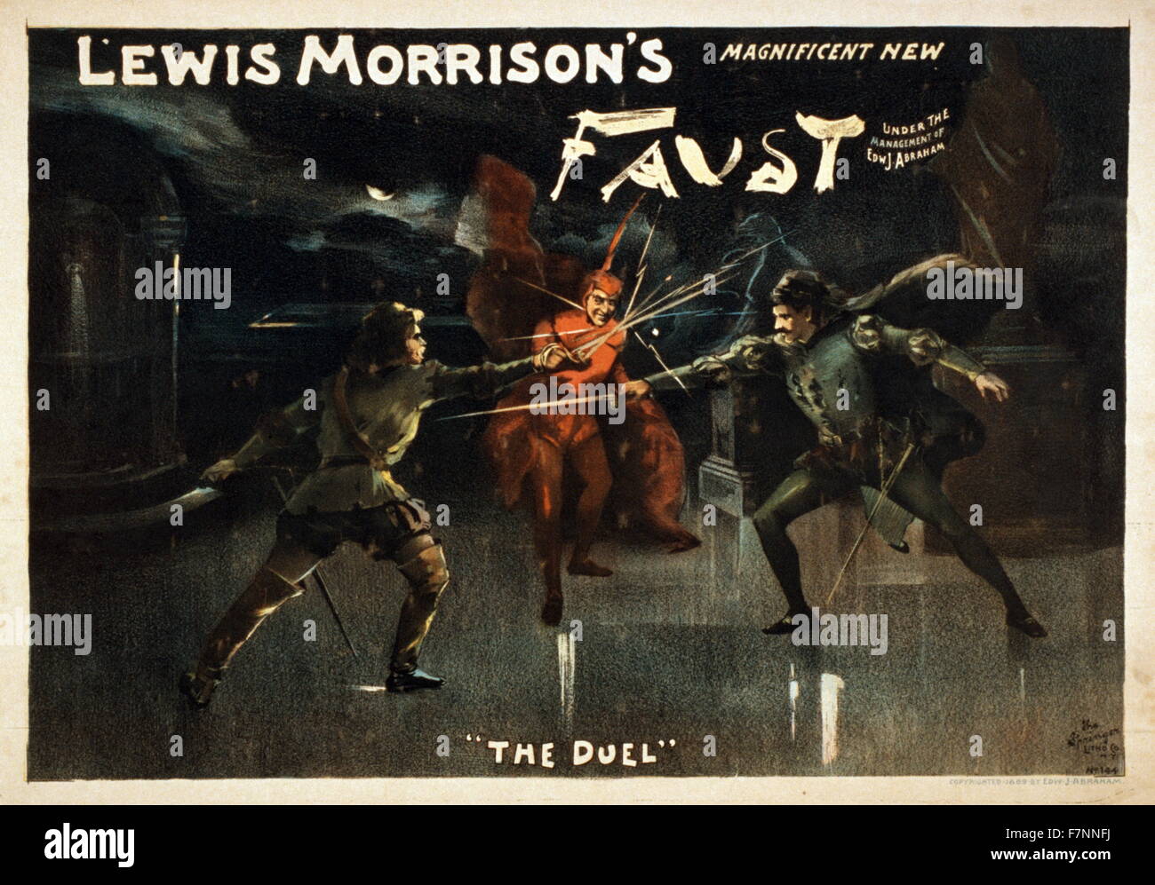 Advertisement poster for Lewis Morrison's 'Magnificent New Faust'. Showing a scene titled 'The Duel'. Stock Photo