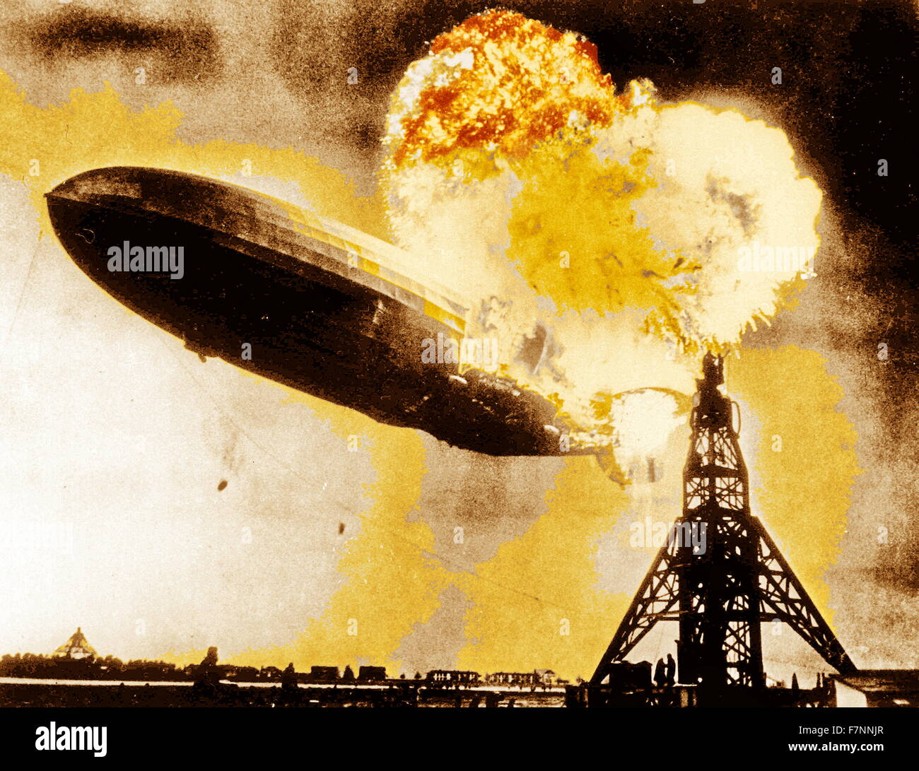 The Hindenburg disaster. The German passenger airship caught fire during its attempt to dock with a mooring mast at Naval Air Station Lakehurst resulting in 36 dead. Stock Photo