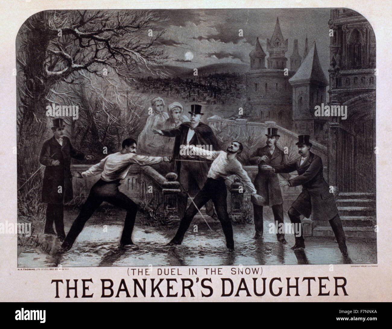 A duel at night, c1879. 'The Banker's Daughter.' American theatrical poster. Stock Photo