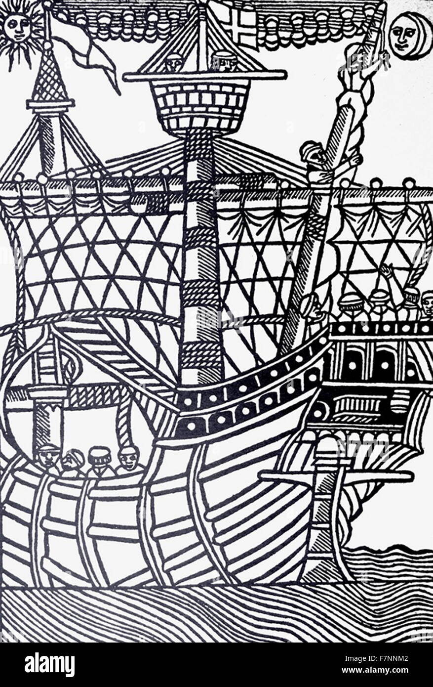 Spanish caravel (Ocean going ship) 1439. illustration from the Libre de Cosolat tractat dels fets maritims, Barcelona, 1439. Stock Photo