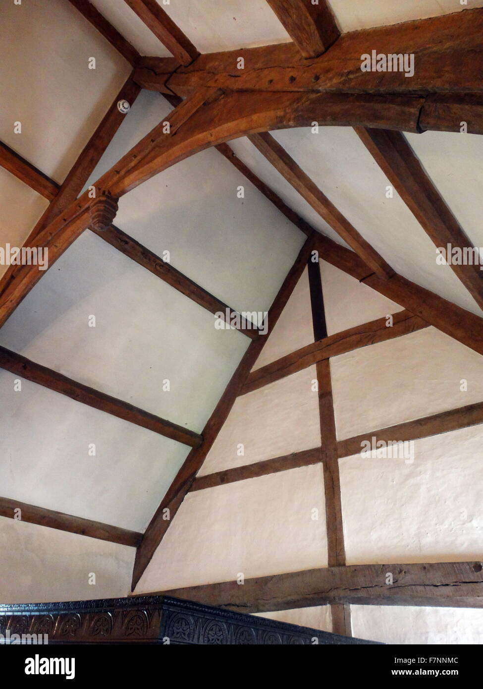 17th century Jacobean supported ceiling with wooden beams. Sulgrave House, ancestral home of George Washington's family, Northamptonshire, England Stock Photo