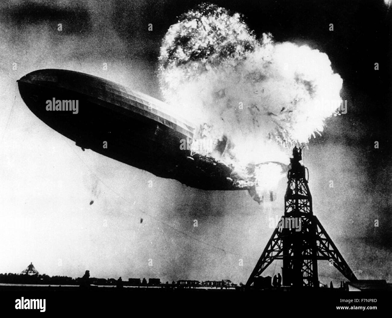 The Hindenburg, a large German commercial passenger-carrying rigid airship, destroyed by fire on May 6, 1937, at the end of the first North American transatlantic journey at Lakehurst Naval Air Station in Manchester Township, New Jersey, United States. Stock Photo