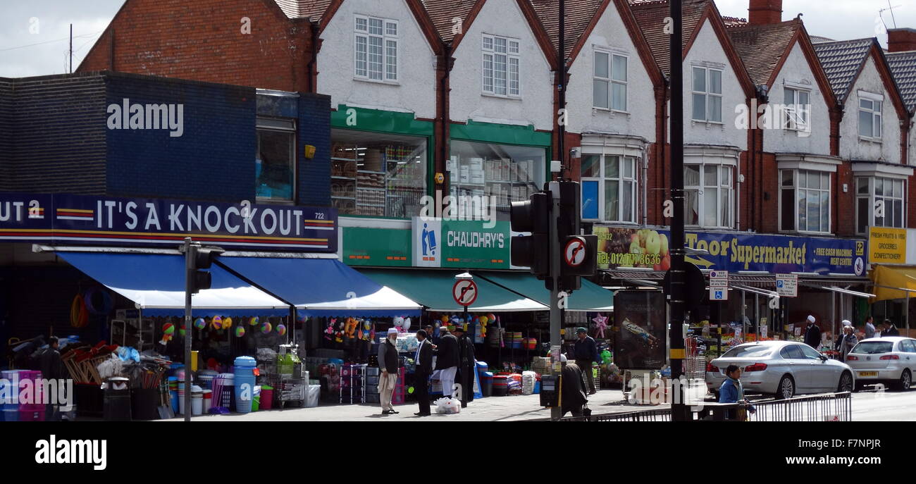Sparkhill; an inner-city area of Birmingham, England. In the 20th century, the area became heavily influenced by Asian migrants, who settled in the area. It has a large population of ethnic minorities, reflected by the number of Asian businesses in the area. Stock Photo