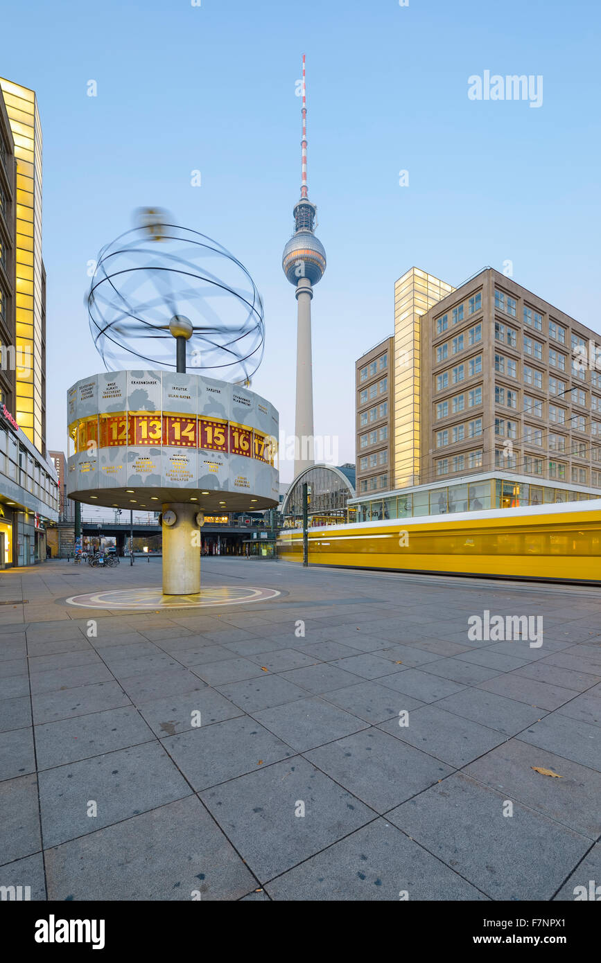 Germany, Berlin, view to world clock at Alexanderplatz with television tower in the background Stock Photo