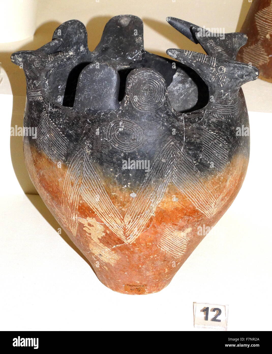 Cult vessel with animal heads around the rim from the Vounous Cemeteries, Cyprus. From the Early Bronze Age. 1900 BC. Stock Photo