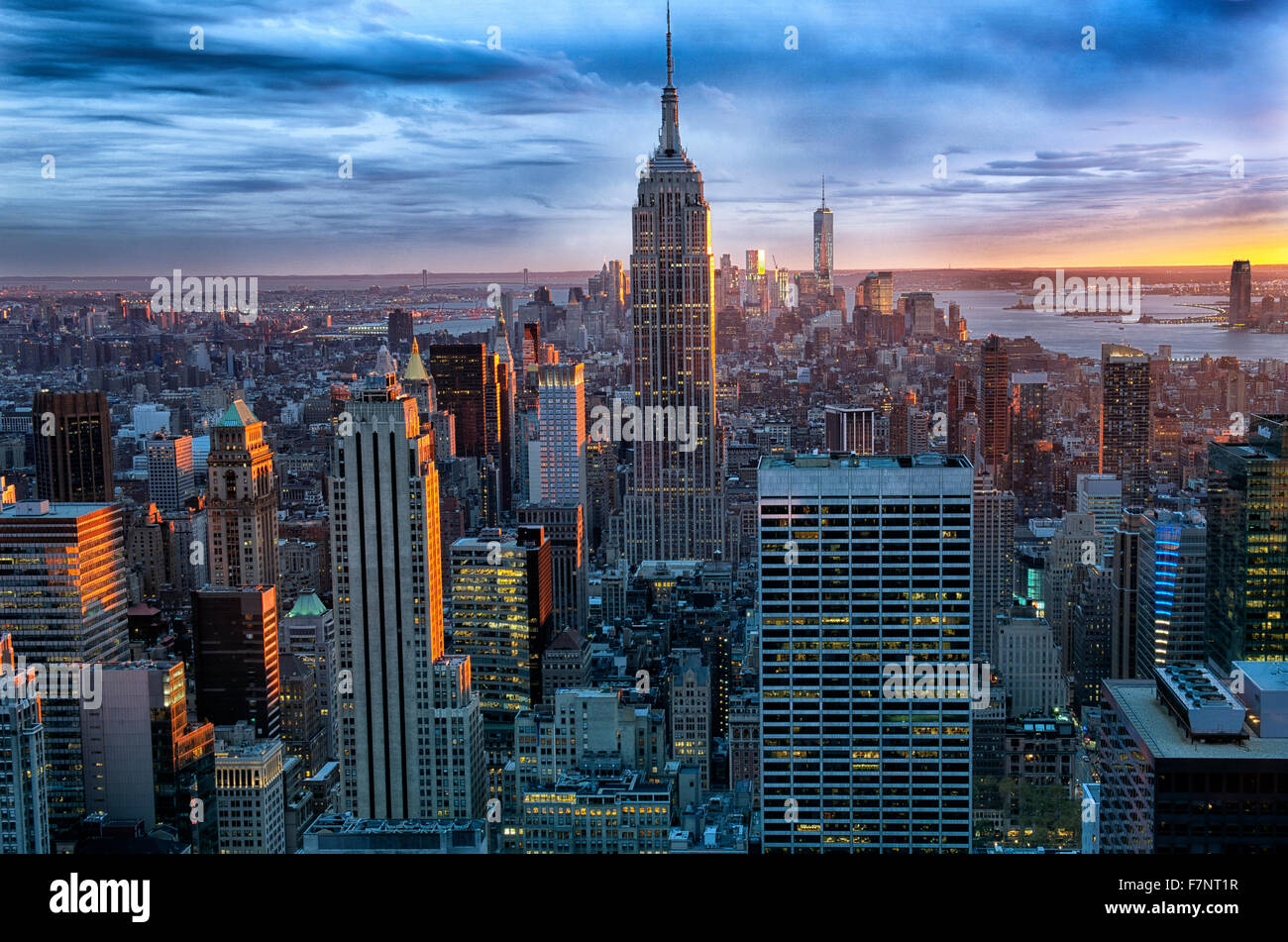 Manhattan skyline looking South towards Empire State building, New York City,  USA., from the roof of the Rockefeller Centre. Stock Photo