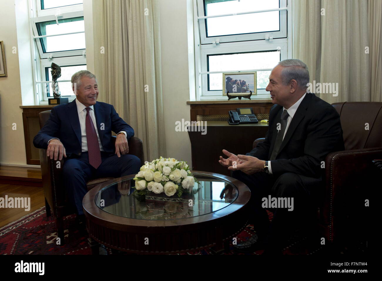Photograph of United States Secretary of Defense Chuck Hagel (1946-) meeting with Israeli Prime Minister Benjamin Netanyahu (1949-) in Jerusalem. Dated 2013 Stock Photo