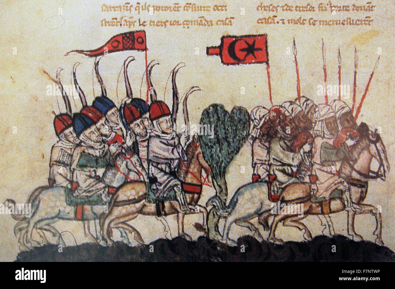 14th century manuscript depicting The battle in the valley of El Khaznadar, also known as, the Third Battle of Homs, between the Mongolian army Ilhan Gazan and Mamluk army. The Mamluks were defeated. Dated 14th Century Stock Photo