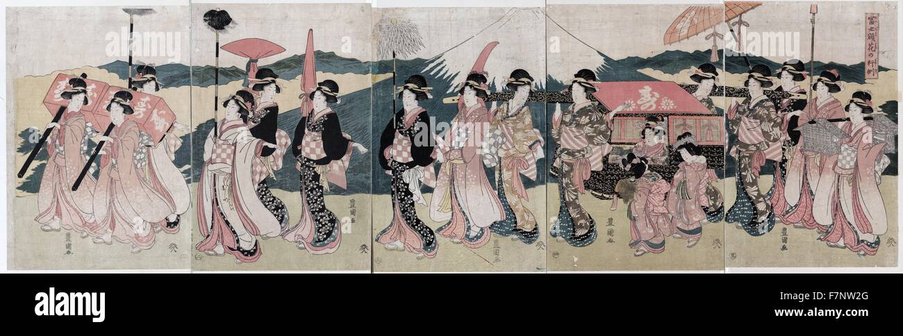 A procession of flowers before Mount Fuji. Print shows a procession of ...