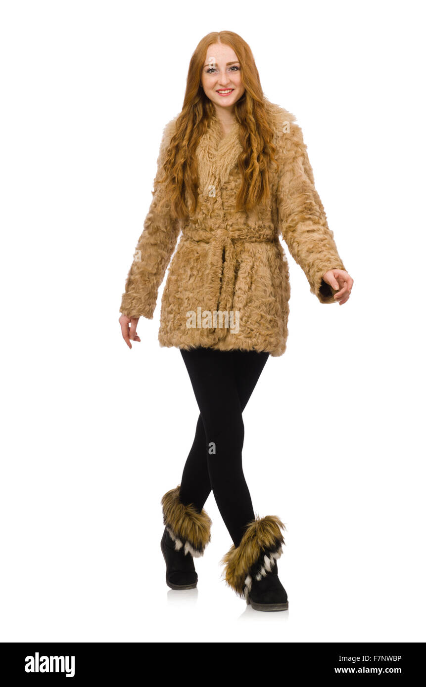 Redhead girl in fur coat isolated on white Stock Photo - Alamy