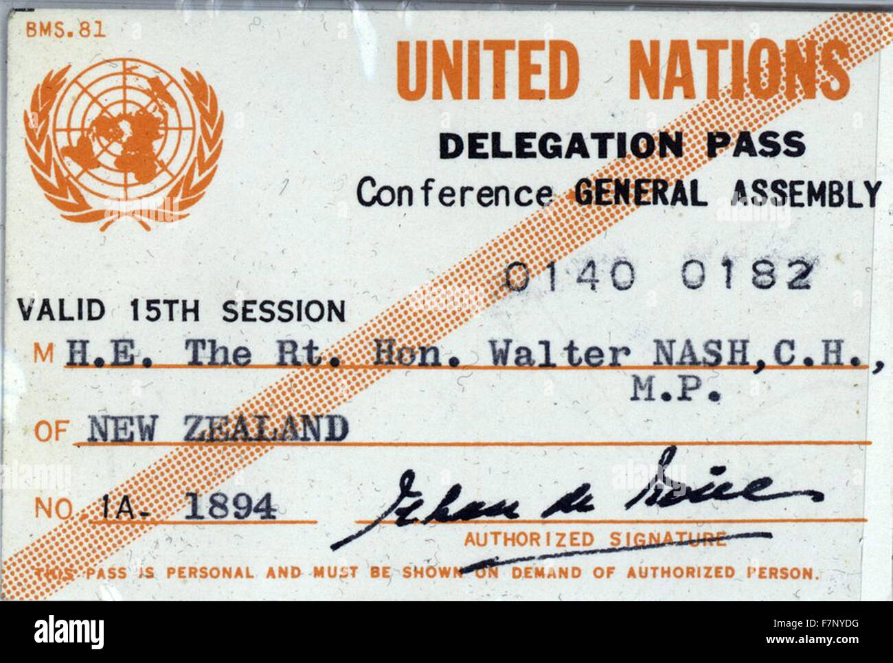 United nations delegate pass for New Zealand Prime Minister Walter Nash 1960 Stock Photo