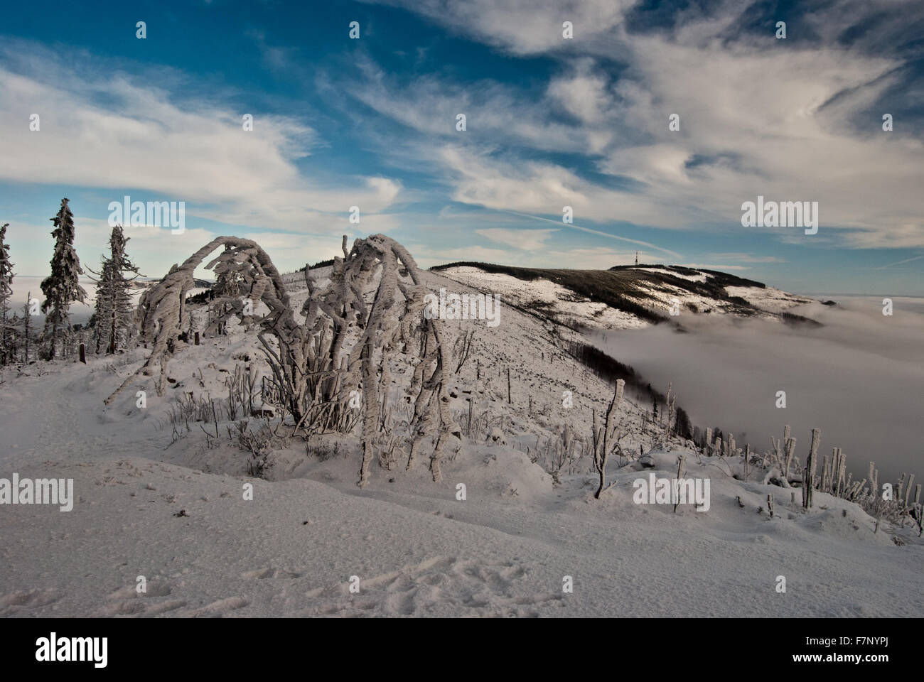 early winter on Mallnowska Skala hill with view to Skrzyczne hill in Beskid Slaski mountains with snow and blue sky with clouds Stock Photo
