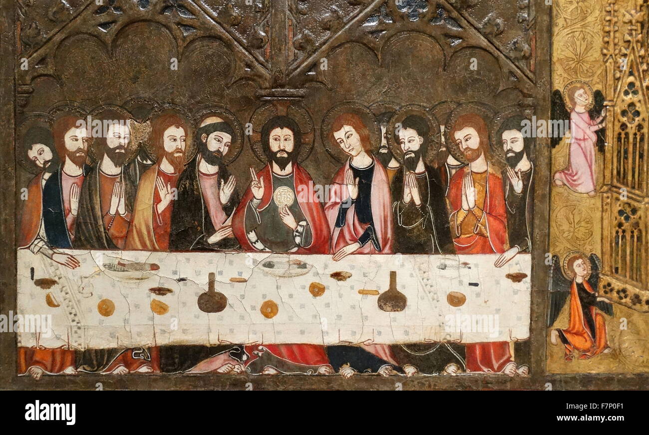 Altar of Corpus Christi by Master Vallbona. Tempera, stucco reliefs, gilded with gold leaf on wood and sheet metal colrat. Dated 14th Century Stock Photo