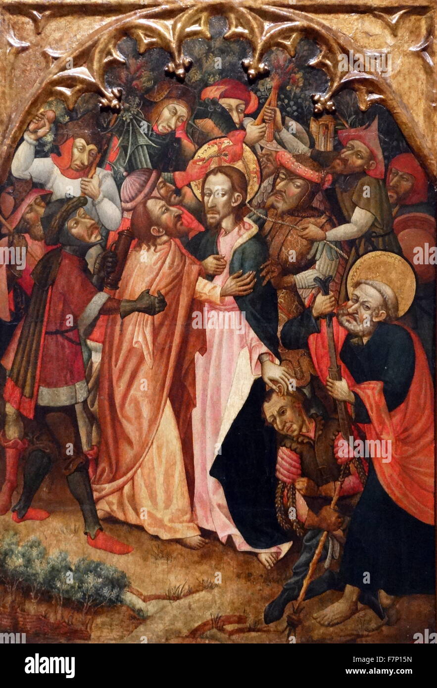 A panel of an altarpiece of the VirginEmbrace in the Golden Gate by Master Retascón. Dated 15th Century Stock Photo