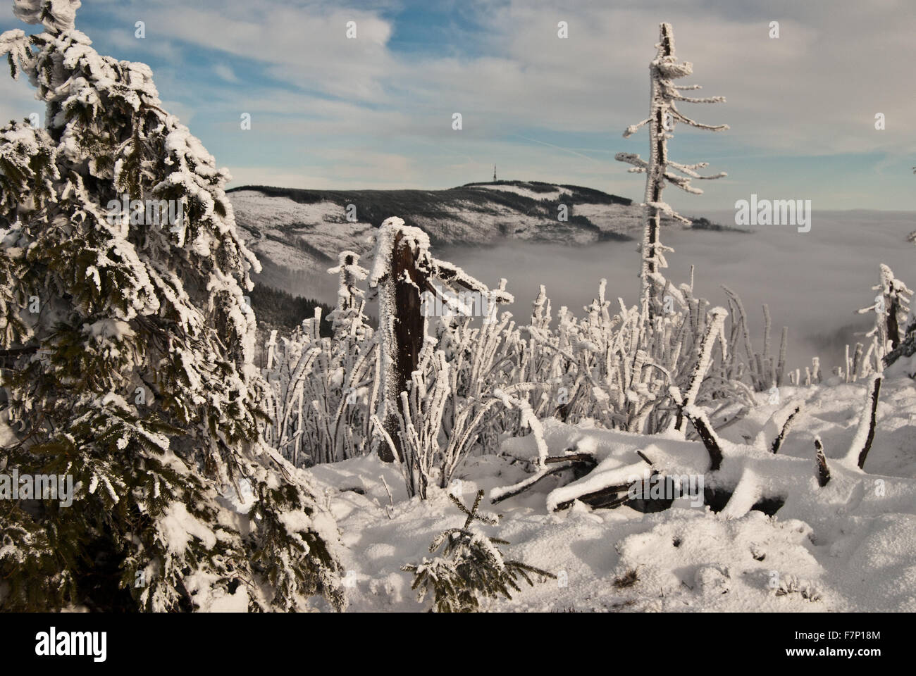 Skrzyczne hill above misty from Zielony Kopiec hill in winter Beskid Slaski mountains near Wisla Stock Photo
