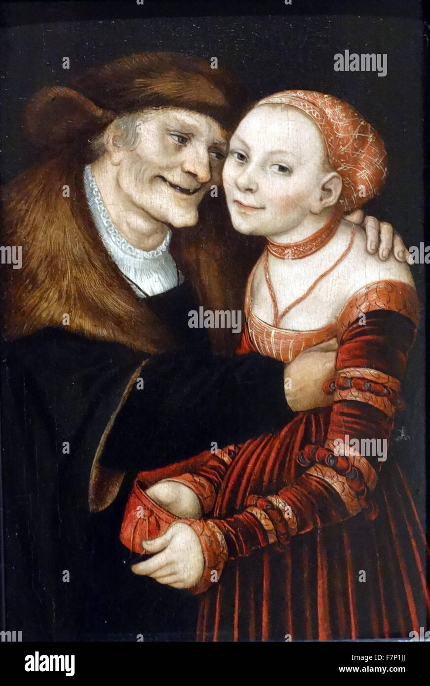 Painting titled 'The Unequal Couple (Old Man in Love) by Lucas Cranach the Elder (1472-1553) German Renaissance painter and printmaker in woodcut and engraving. Dated 16th Century Stock Photo