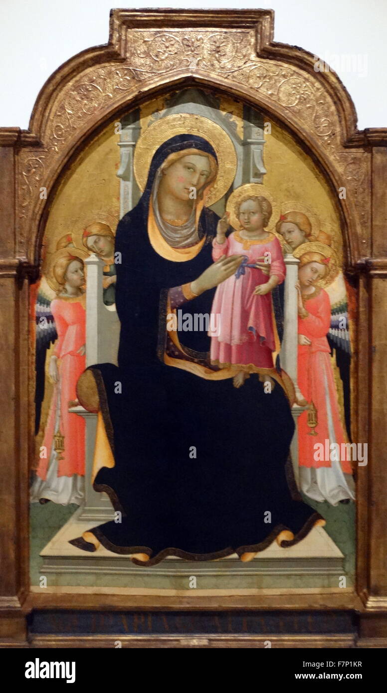 Painting titled 'Madonna and Child on throne with Six Angels' by Lorenzo Monaco (1370-1425) Italian painter of the late Gothic-early Renaissance age. Dated 15th Century Stock Photo