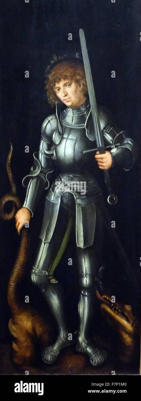 Painting titled 'Saint George' by Lucas Cranach the Elder (1472-1553) German Renaissance painter, printmaker, engraver, and court painter to the Electors of Saxony. Dated 16th Century Stock Photo