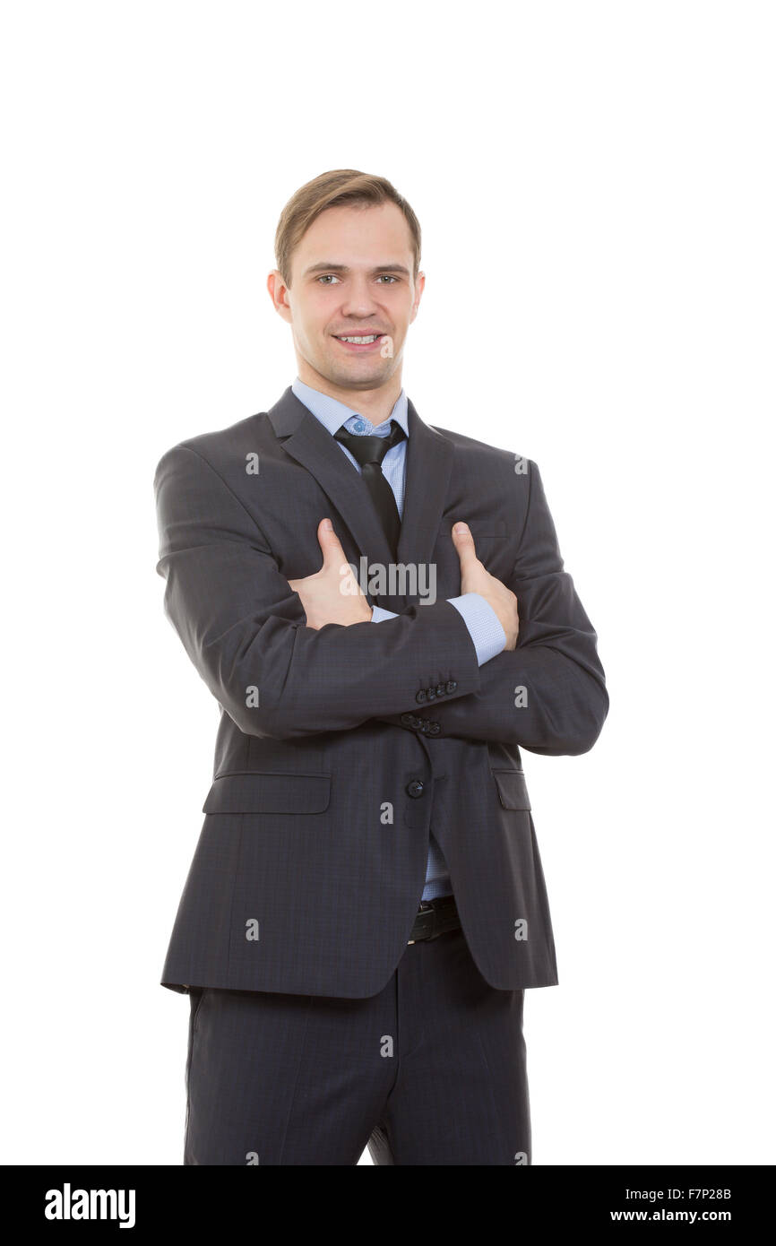 body language. man in business suit isolated white background. gestures