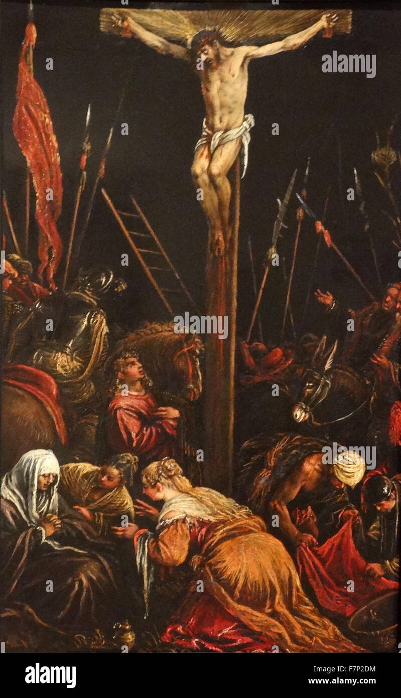 Painting depicting the Calvary and Crucifixion of Jesus Christ by Jacopo Bassano (1510-1592) Italian painter. Dated 16th Century Stock Photo