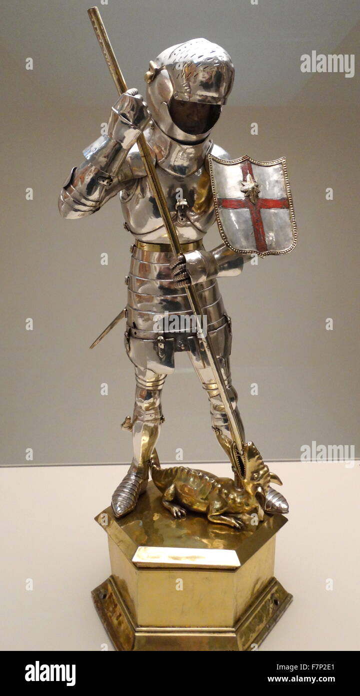 Silver plated statuette of St. George slaying the dragon, from the chapel of St. George Palace of the Generalitat of Catalonia. Dated 15th Century Stock Photo