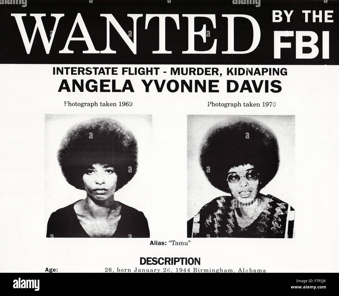 FBI Wanted poster for Angela Davis. Angela Yvonne Davis (born January 26, 1944) is an American political activist, scholar, and author. She emerged as a prominent counterculture activist and radical in the 1960s as a leader of the Communist Party USA, and had close relations with the Black Panther Party through her involvement in the Civil Rights Movement, although she was never a party member. Stock Photo