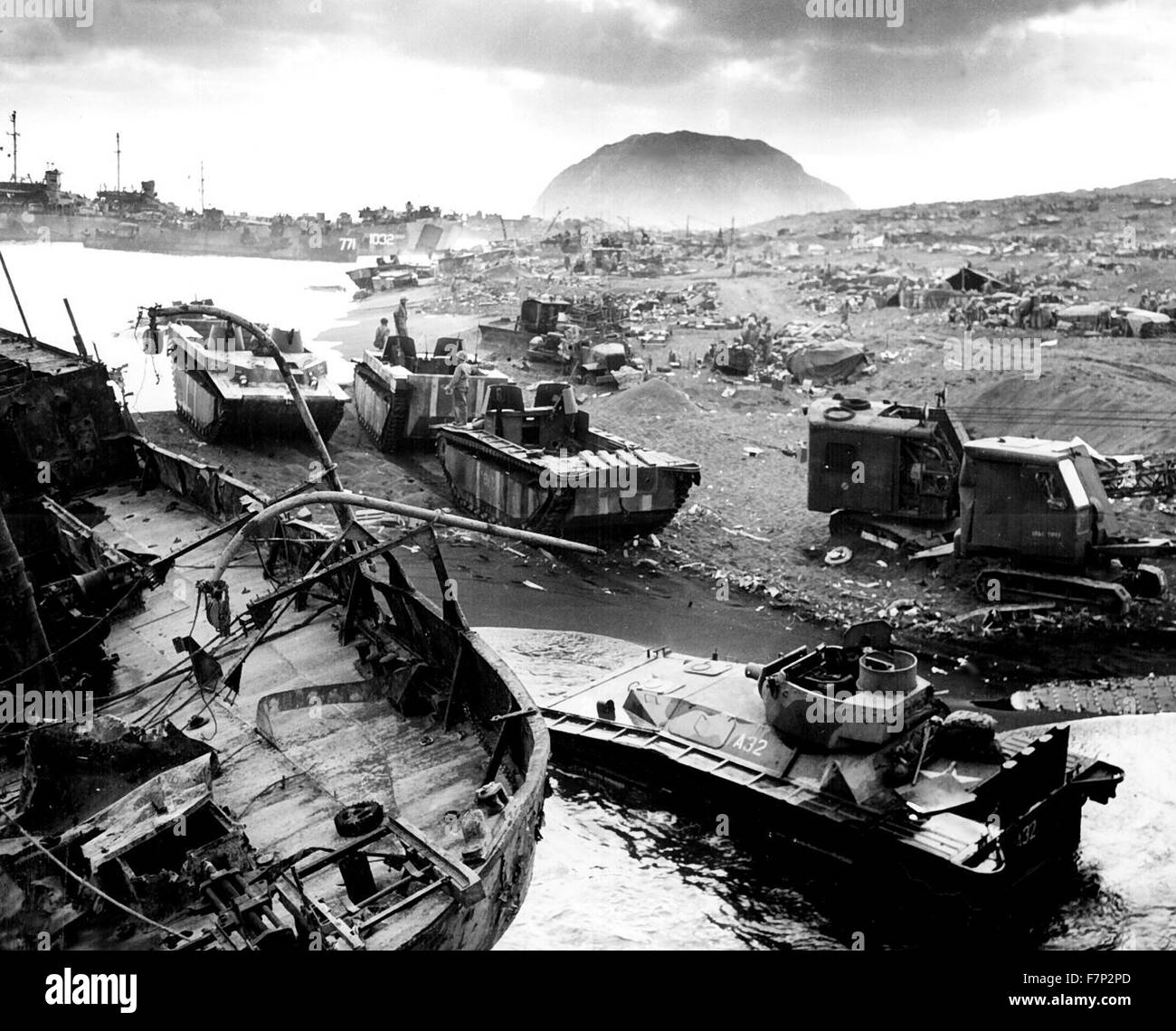 Photograph of the US Forces landing in Iwo Jima Bonin Islands, Japan. Dated 1945 Stock Photo