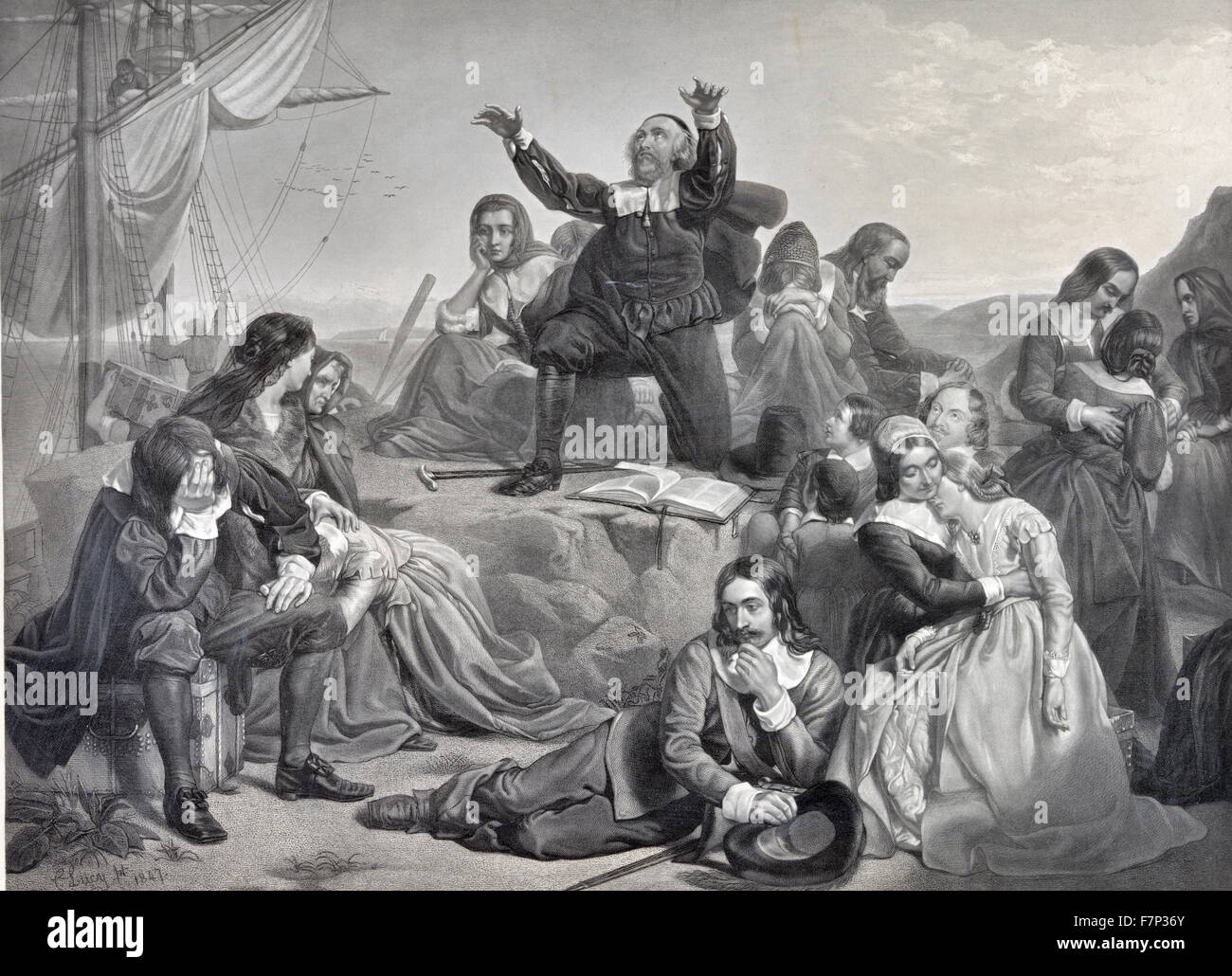 Illustration of the departure of the pilgrim fathers, for America. Dated 1620 Stock Photo