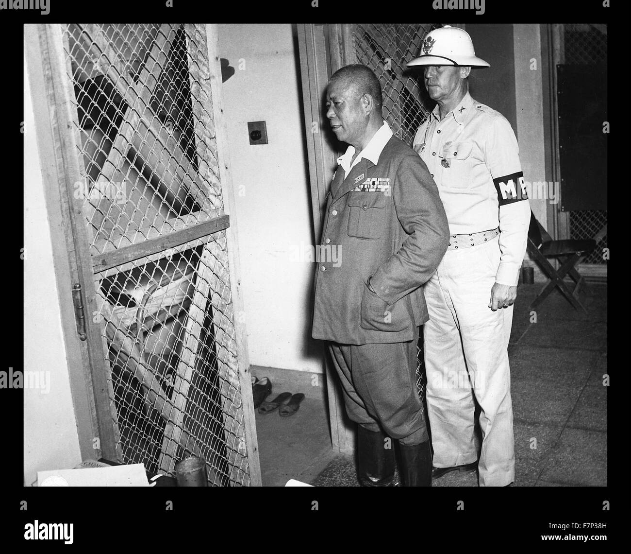 War Crimes Trials Manila in the Philippines, after world war two, 1946. Japanese General Tomoyuki Yamashita, guarded by military police. Stock Photo